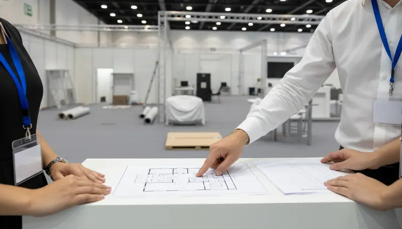 Briefing event hostesses before a Dubai trade show, with a checklist and stand plan