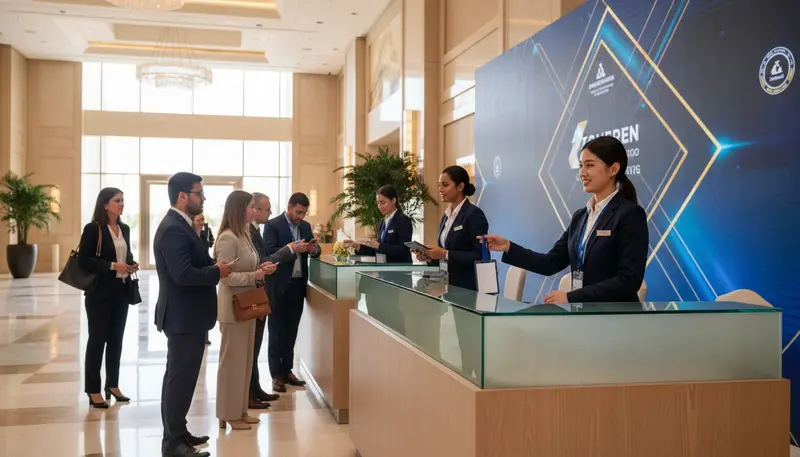 Conference hostesses in Dubai preparing name badges and lanyards at a registration counter