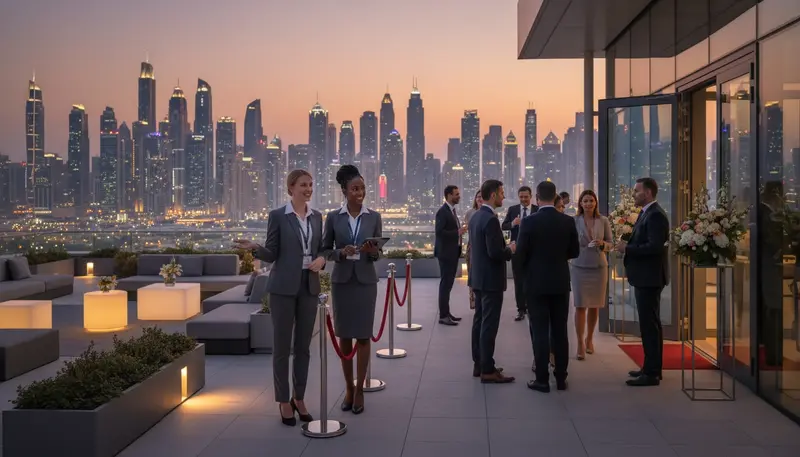 Event hostess guiding guests at a corporate event reception in Dubai