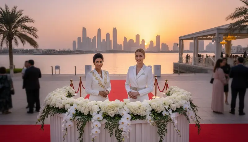 Event hostess in Abu Dhabi welcoming visitors at an exhibition centre entrance