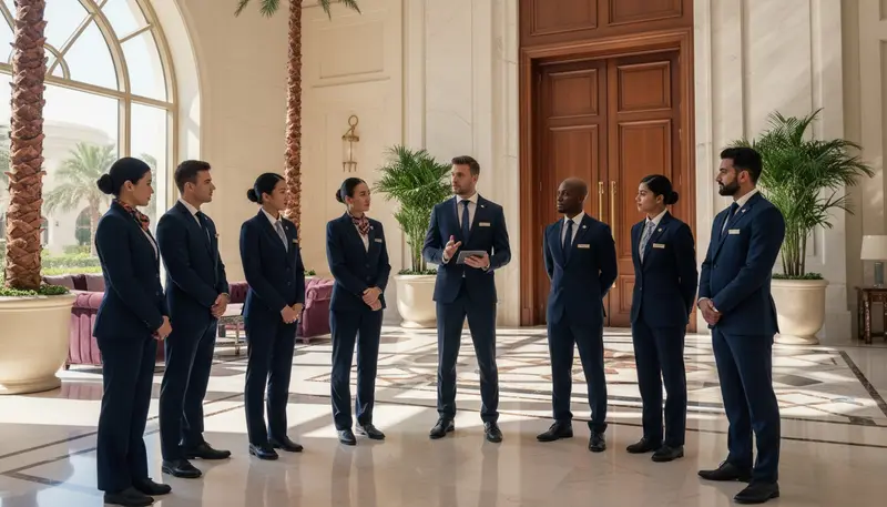 Event staff team in Dubai at a pre-event briefing with their team leader