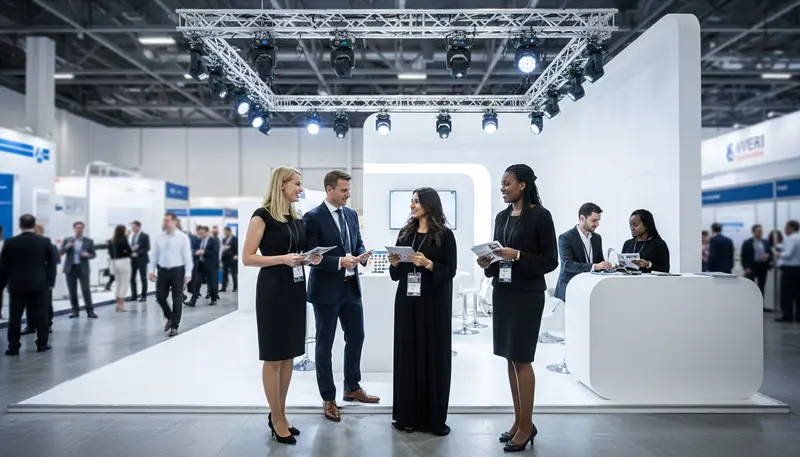 Exhibition hostess at a trade show stand in Dubai scanning a visitor badge