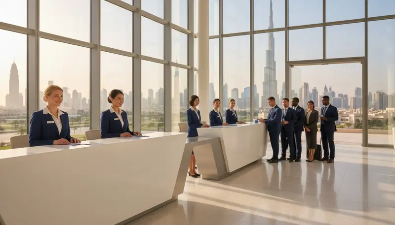 Hostess agency in Dubai: event hostesses at a registration desk handing out badges