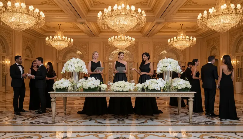 VIP hostesses welcoming guests at the entrance of a gala dinner in a Dubai hotel ballroom